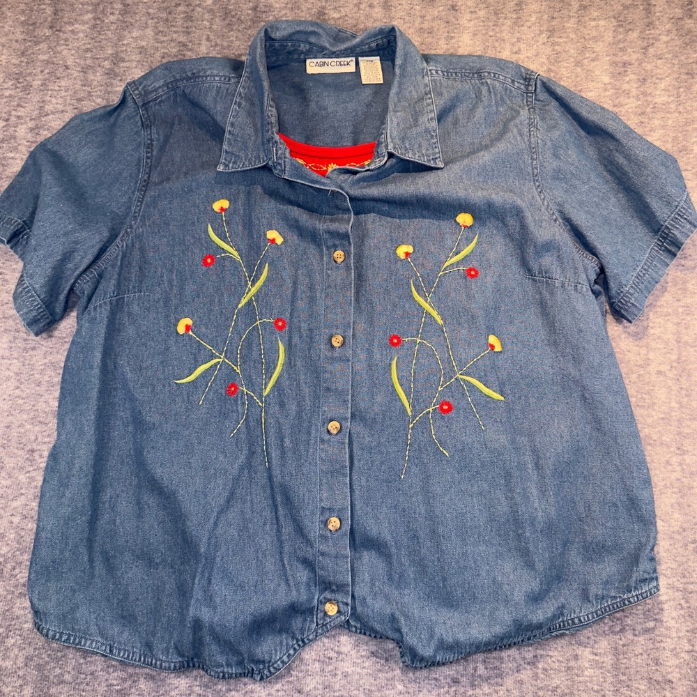 Cabin Creek 22W Womens Blue Cotton Embroidered Floral Short Sleeve Vintage Shirt